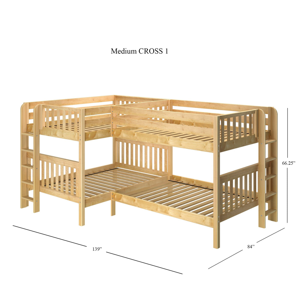 L-shaped wooden bunk bed with ladders and safety rails, dimensions 139x84x66.25 inches.