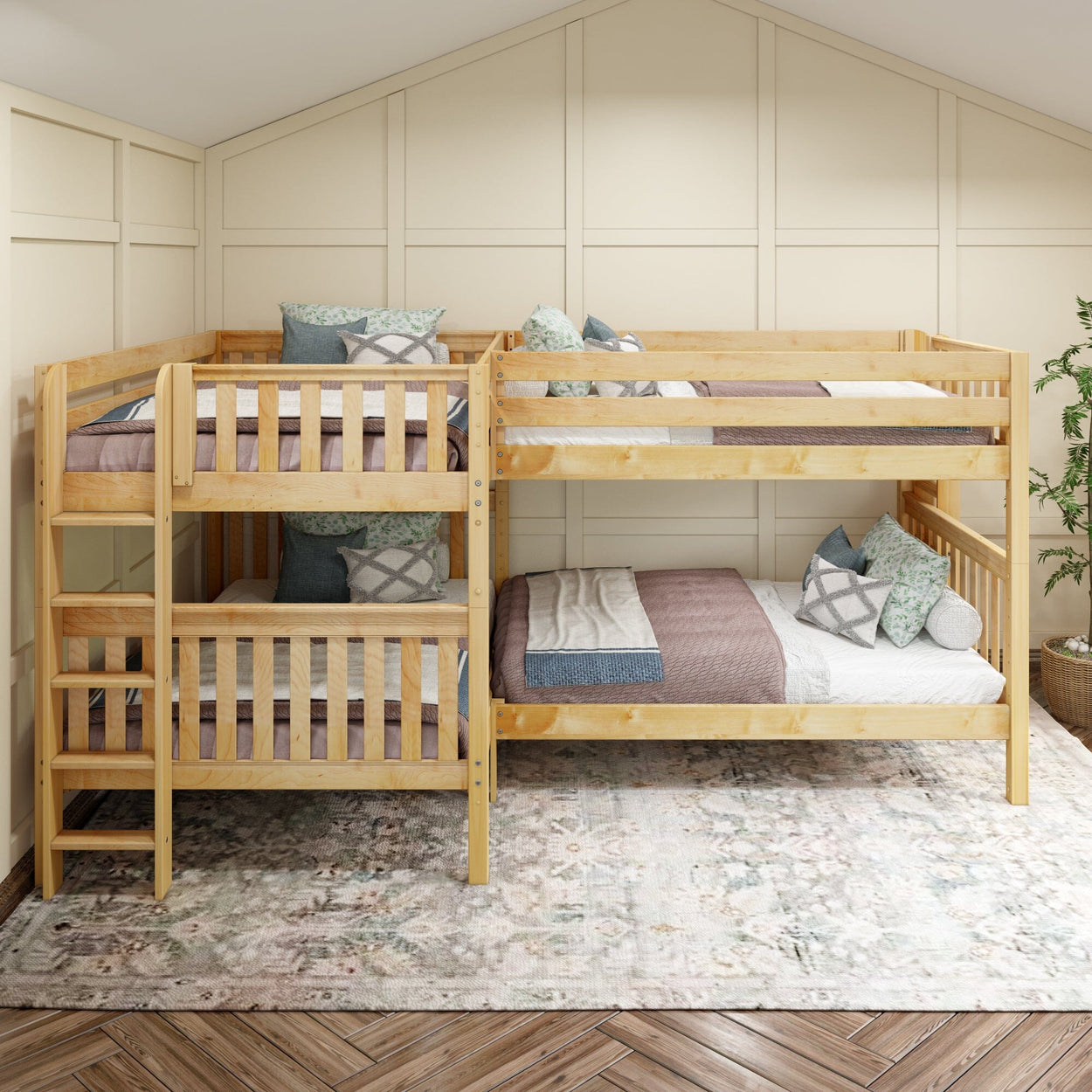 Wooden triple bunk bed set with cozy pillows and blankets in a stylish bedroom.