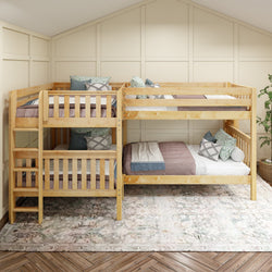 Wooden triple bunk bed set with cozy pillows and blankets in a stylish bedroom.