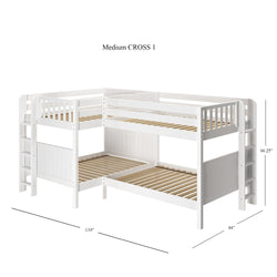White L-shaped twin bunk bed with ladder and railings, measuring 139 inches by 84 inches by 66.25 inches.