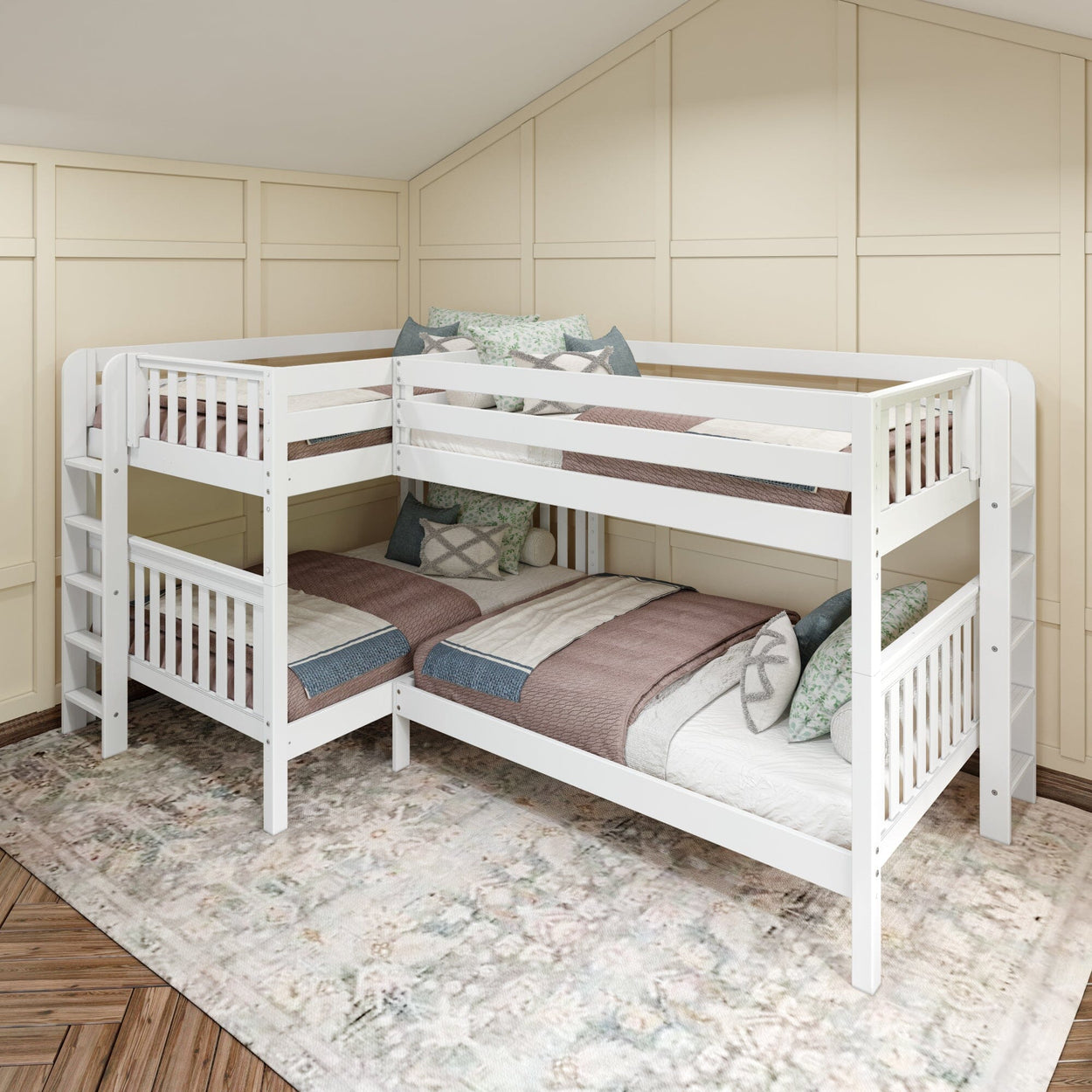 White wood corner bunk bed in a stylish bedroom with cozy bedding and decorative pillows.