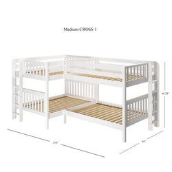 White L-shaped triple bunk bed for kids with wooden slats and angled ladders, ideal for maximizing space in children's bedrooms.