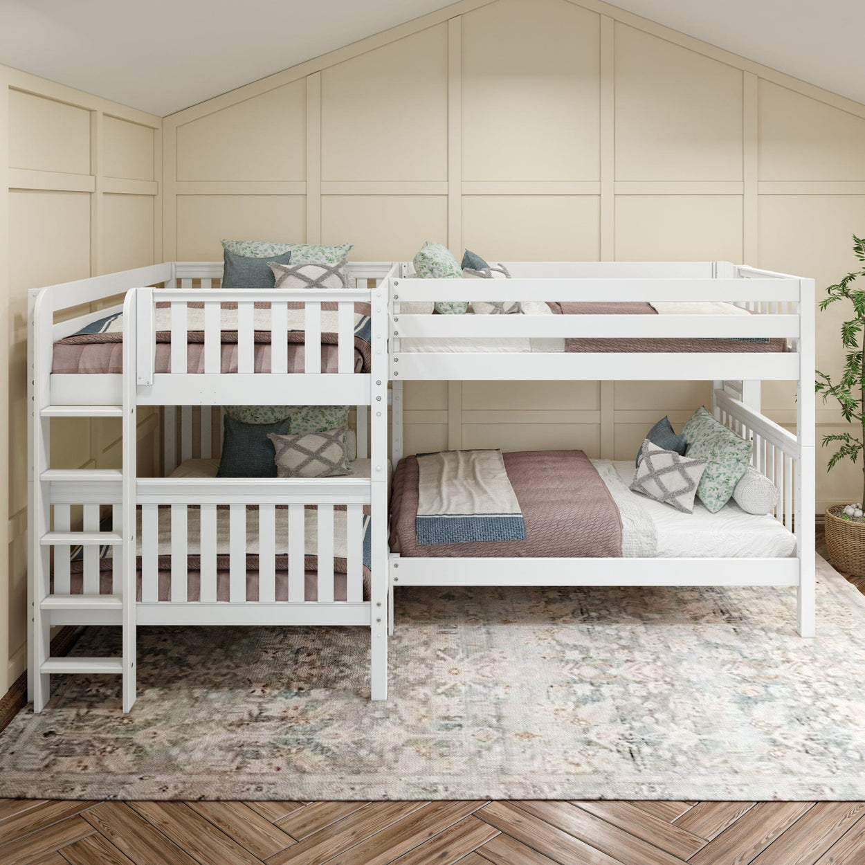 Triple bunk bed with white wooden frame in modern bedroom setting.