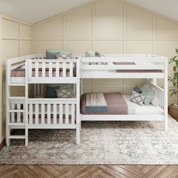 Triple bunk bed with white wooden frame in modern bedroom setting.