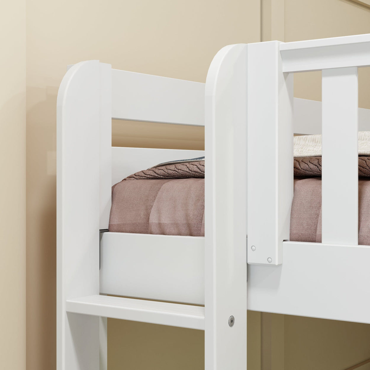 White wooden bunk bed with brown linens, perfect for modern bedroom decor.