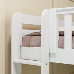 White wooden bunk bed with brown linens, perfect for modern bedroom decor.