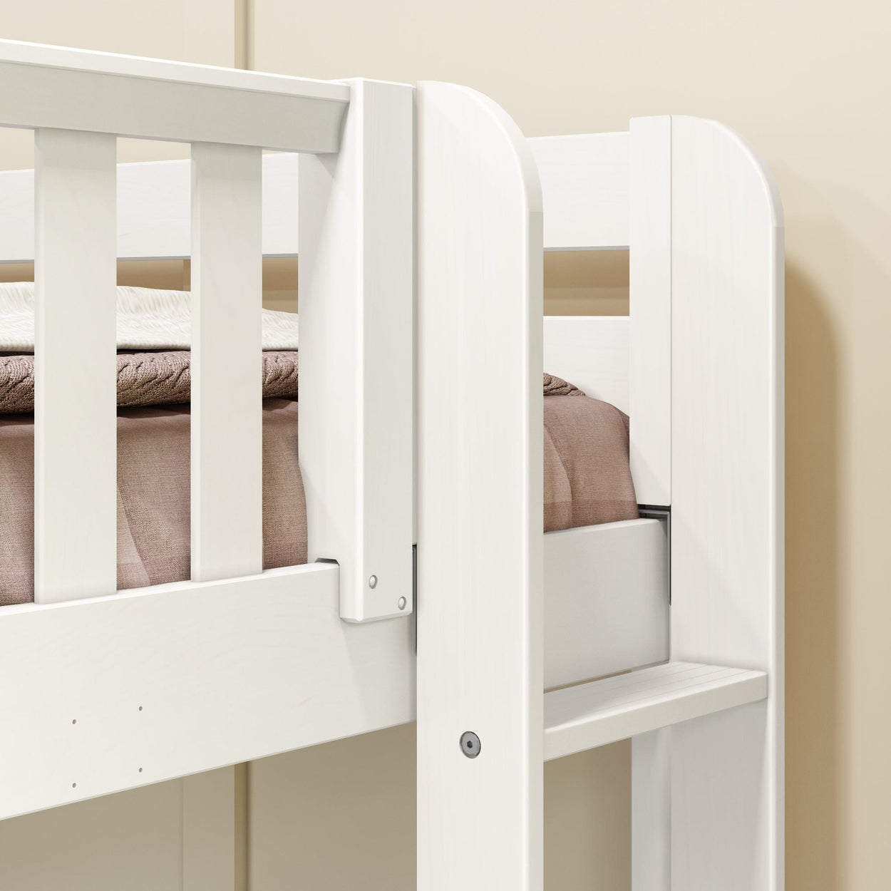 White wooden bunk bed with beige bedding in modern bedroom setting.
