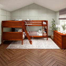 Wooden bunk bed and dresser in a modern bedroom with parquet flooring and light decor.