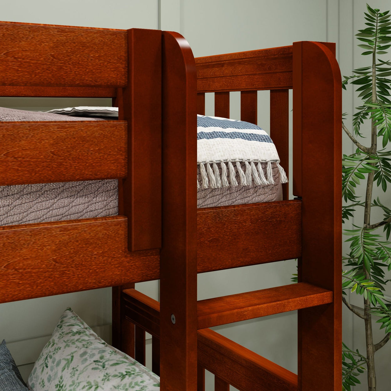 Wooden bunk bed close-up with decorative pillows and a green plant in the background.