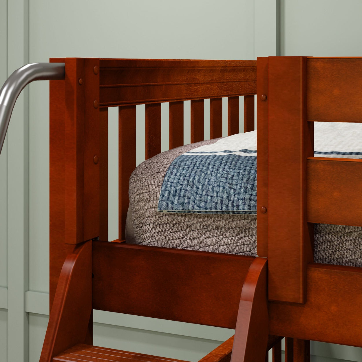 Wooden bunk bed with blue and gray bedding and attached ladder.