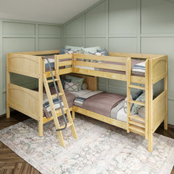 Dark wooden corner bunk bed set in a stylish bedroom with pastel walls and cozy bedding.