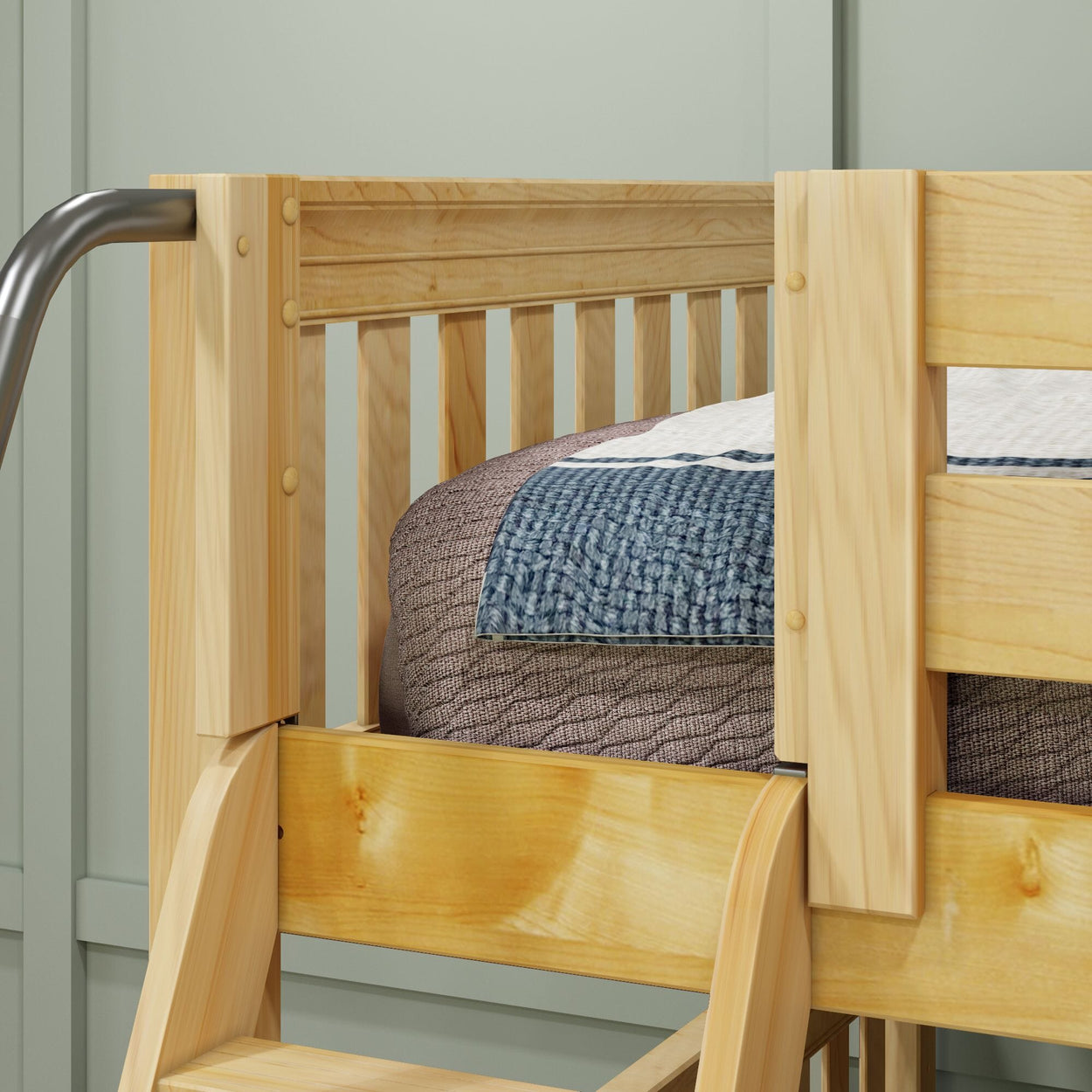 Wooden bunk bed ladder and railing with a cozy mattress and blanket in a modern bedroom setting.