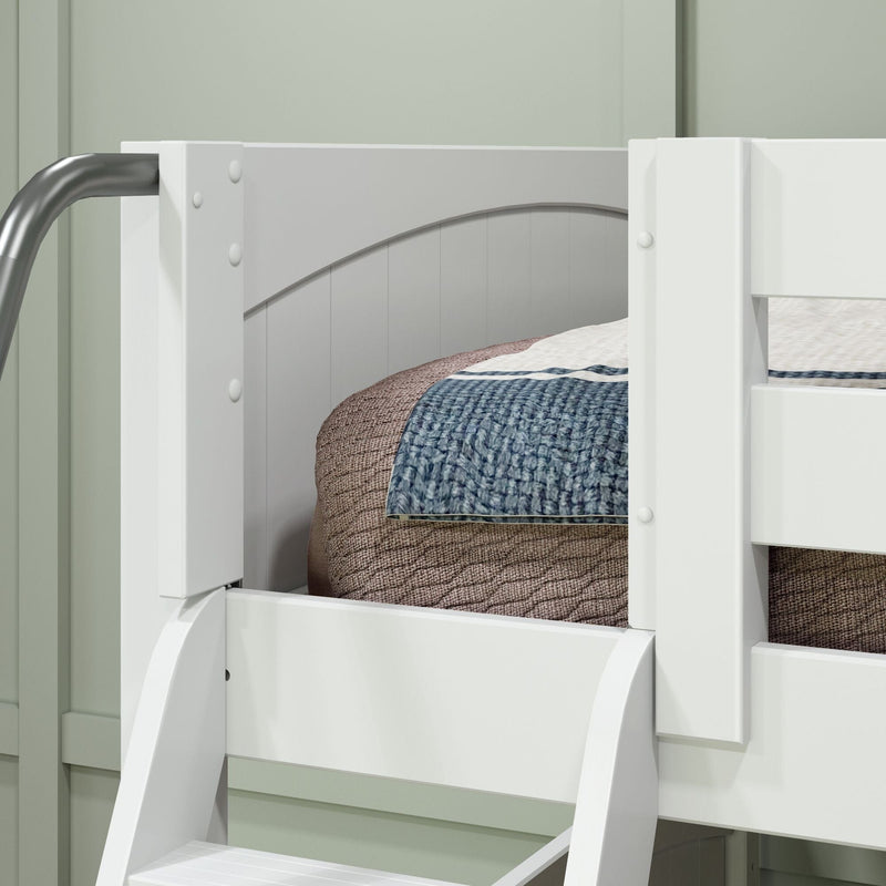 White wooden bunk bed ladder and safety rail with blue knitted blanket and brown textured quilt against a sage green paneled wall