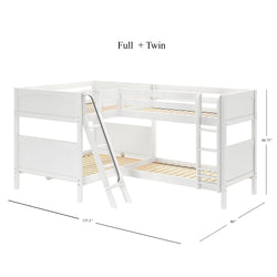 L-shaped full and twin white wooden bunk bed with attached ladder and dimensions.