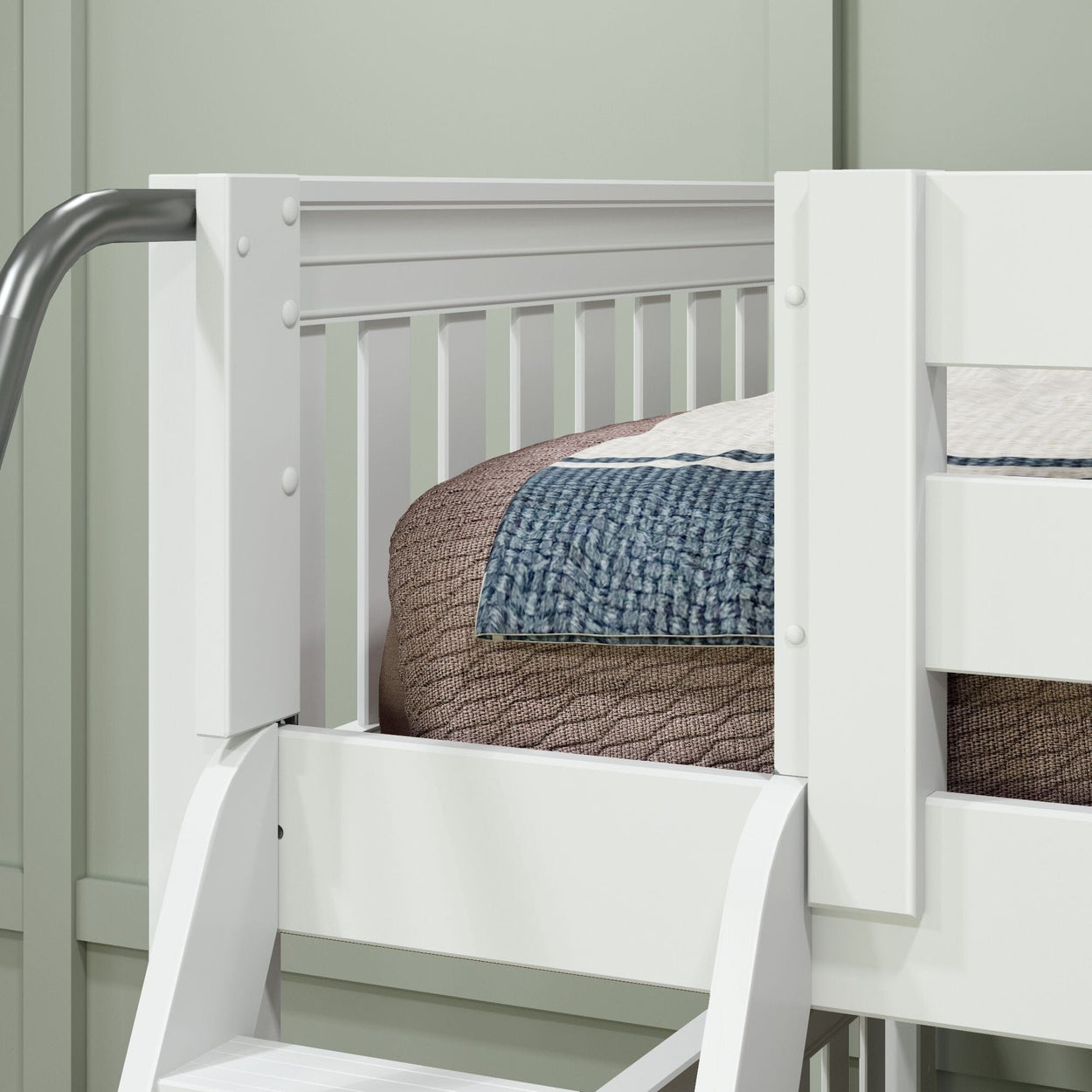 White wooden loft bed with railing and multicolored bedding, ideal for modern children's bedrooms.