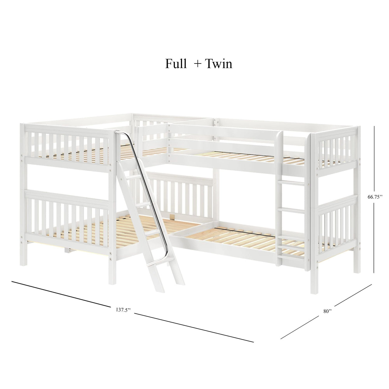 White L-shaped full and twin bunk bed with ladder, dimensions 137.5” x 80” x 66.75”, ideal for space-saving in kids' rooms.