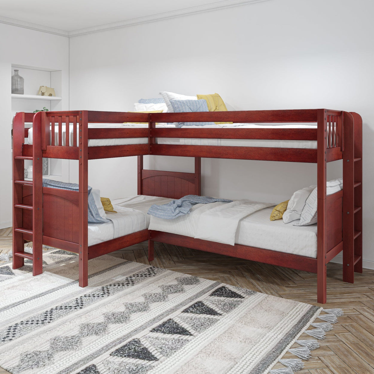 Wooden L-shaped bunk bed in a modern bedroom, featuring white bedding and decorative pillows.