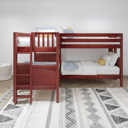 Red wooden bunk bed with ladder and cozy bedding in a modern minimalist bedroom.