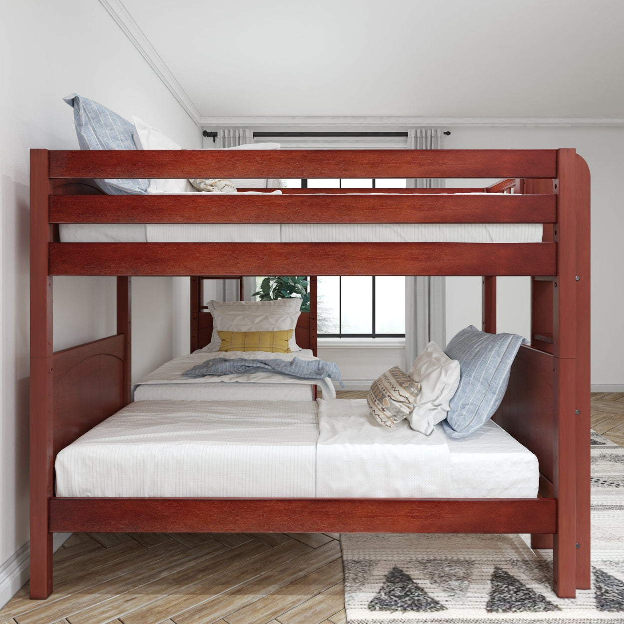 Wooden bunk bed with comfortable bedding in a modern bedroom setting.