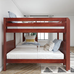 Wooden bunk bed with comfortable bedding in a modern bedroom setting.