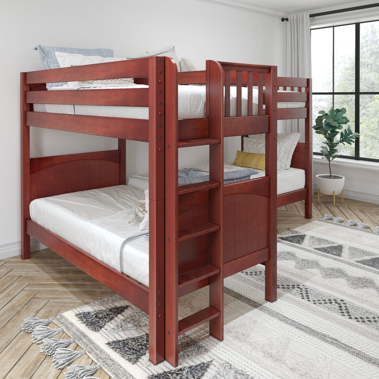 Luxury wooden bunk bed with ladder in a bright modern bedroom interior.