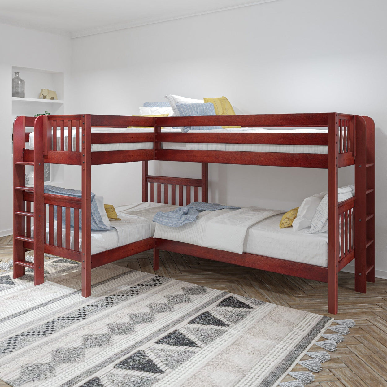 L-shaped wooden bunk beds with ladder in modern bedroom, featuring white bedding and decorative pillows, placed on patterned rug.