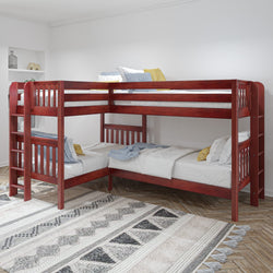 L-shaped wooden bunk beds with ladder in modern bedroom, featuring white bedding and decorative pillows, placed on patterned rug.