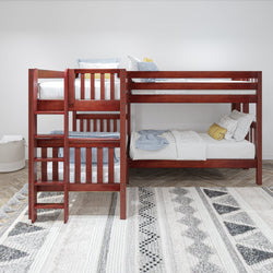 Wooden bunk bed with ladder in modern bedroom interior.