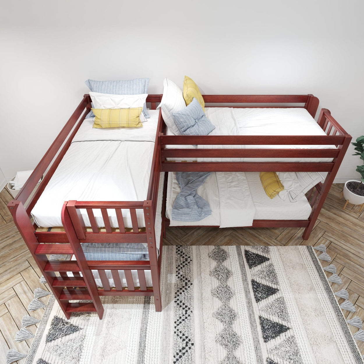 Wooden L-shaped bunk bed with white and blue bedding on geometric pattern rug in modern bedroom.