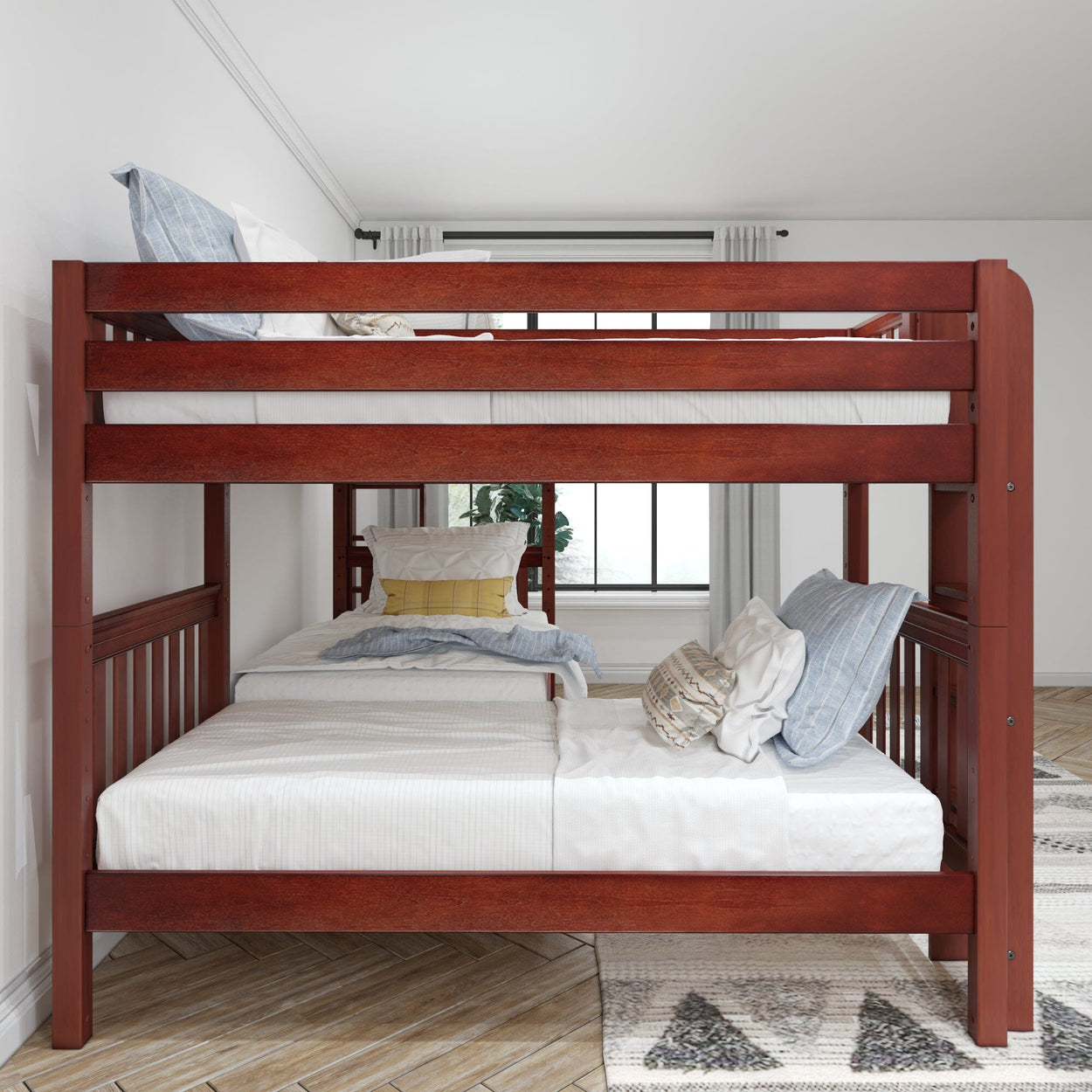 Red wooden bunk bed with cozy bedding in a modern bedroom interior.