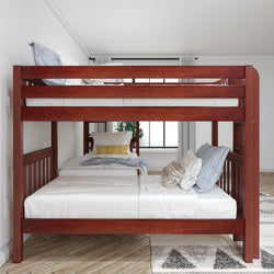 Red wooden bunk bed with cozy bedding in a modern bedroom interior.