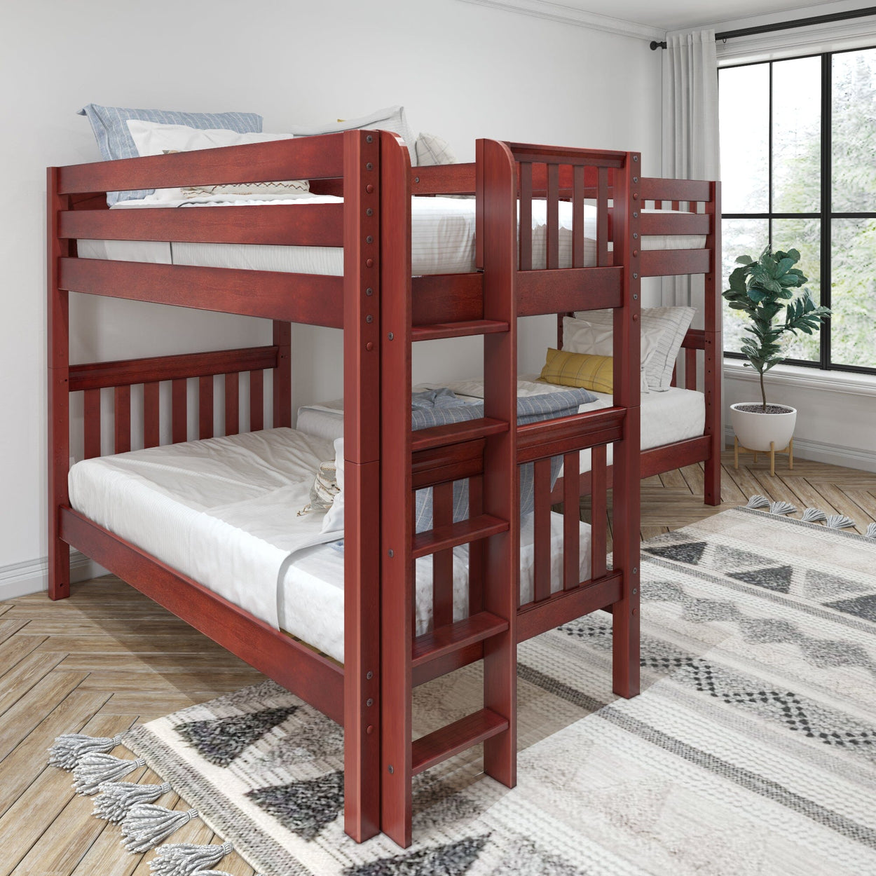 Red wooden bunk bed with ladder in a modern bedroom setup featuring natural light and a cozy area rug.