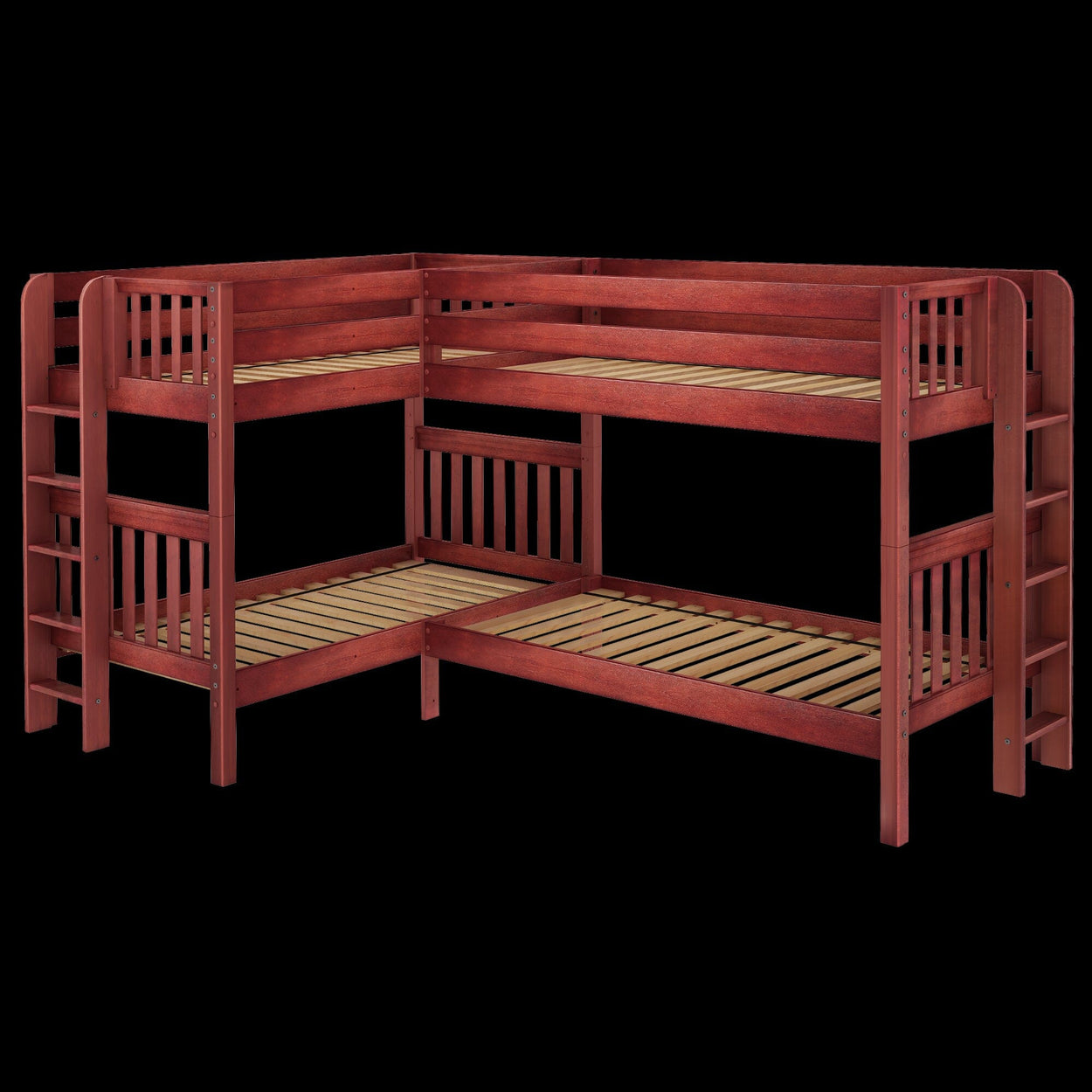 Corner L-shaped wooden bunk bed for kids' bedroom with sturdy ladder and elegant design.
