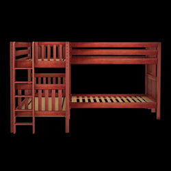 Wooden bunk bed with ladder in cherry finish for kids' bedroom.
