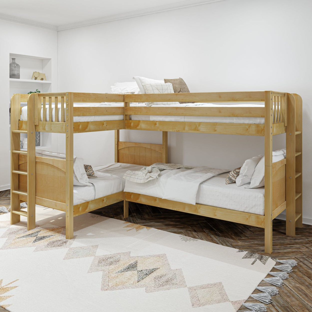 Four-person wooden bunk bed in a cozy, modern bedroom setting with a patterned rug.