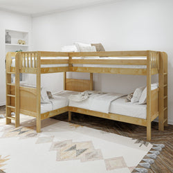 Four-person wooden bunk bed in a cozy, modern bedroom setting with a patterned rug.