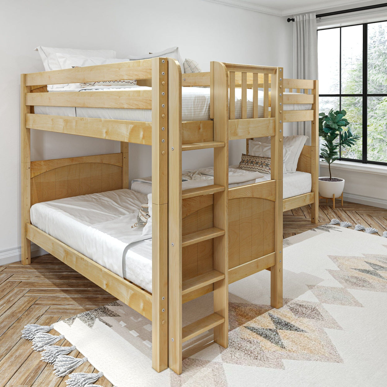 Wooden bunk bed in a cozy bedroom with natural light and modern decor.