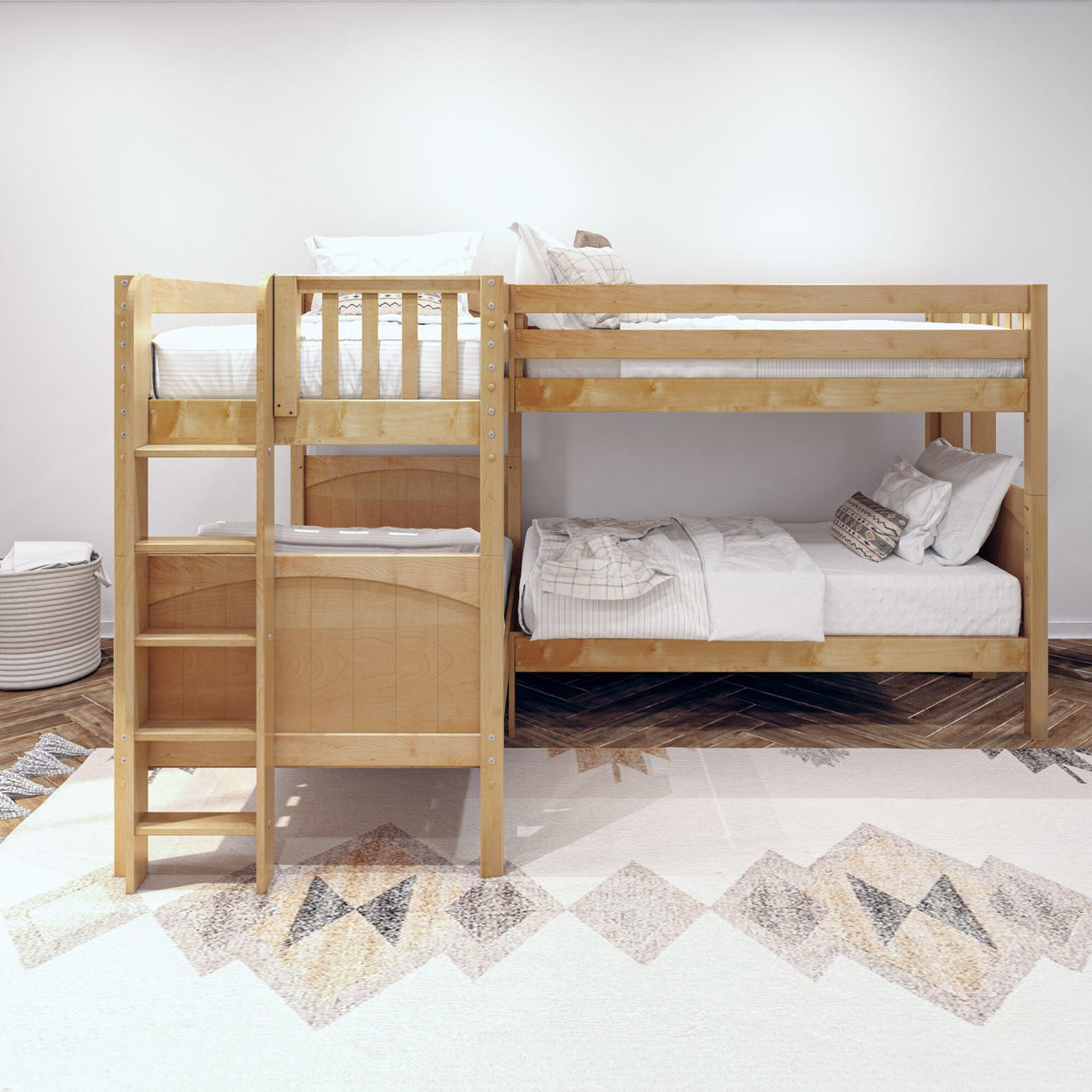 Wooden bunk bed with white sheets and pillows in a bright modern bedroom.