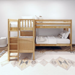 Wooden bunk bed with white sheets and pillows in a bright modern bedroom.