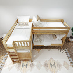 Wooden L-shaped bunk bed with white bedding in a cozy, modern bedroom setting.