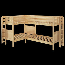 Wooden L-shaped bunk bed with integrated ladders on a black background.