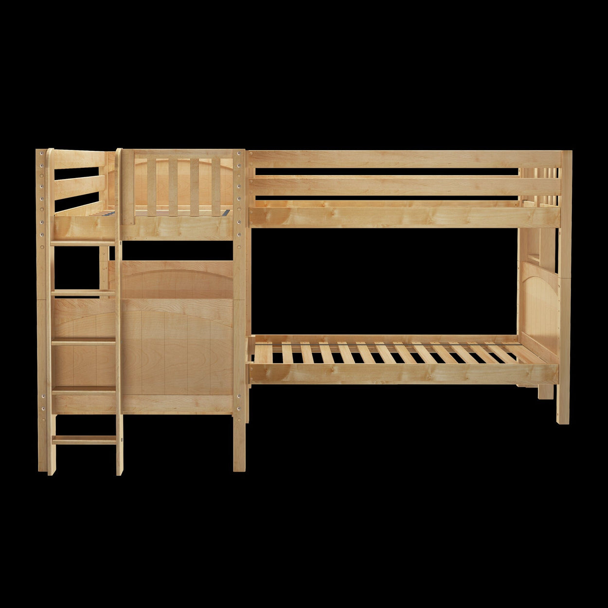 Wooden bunk bed with ladder on black background for kids' bedroom furniture.