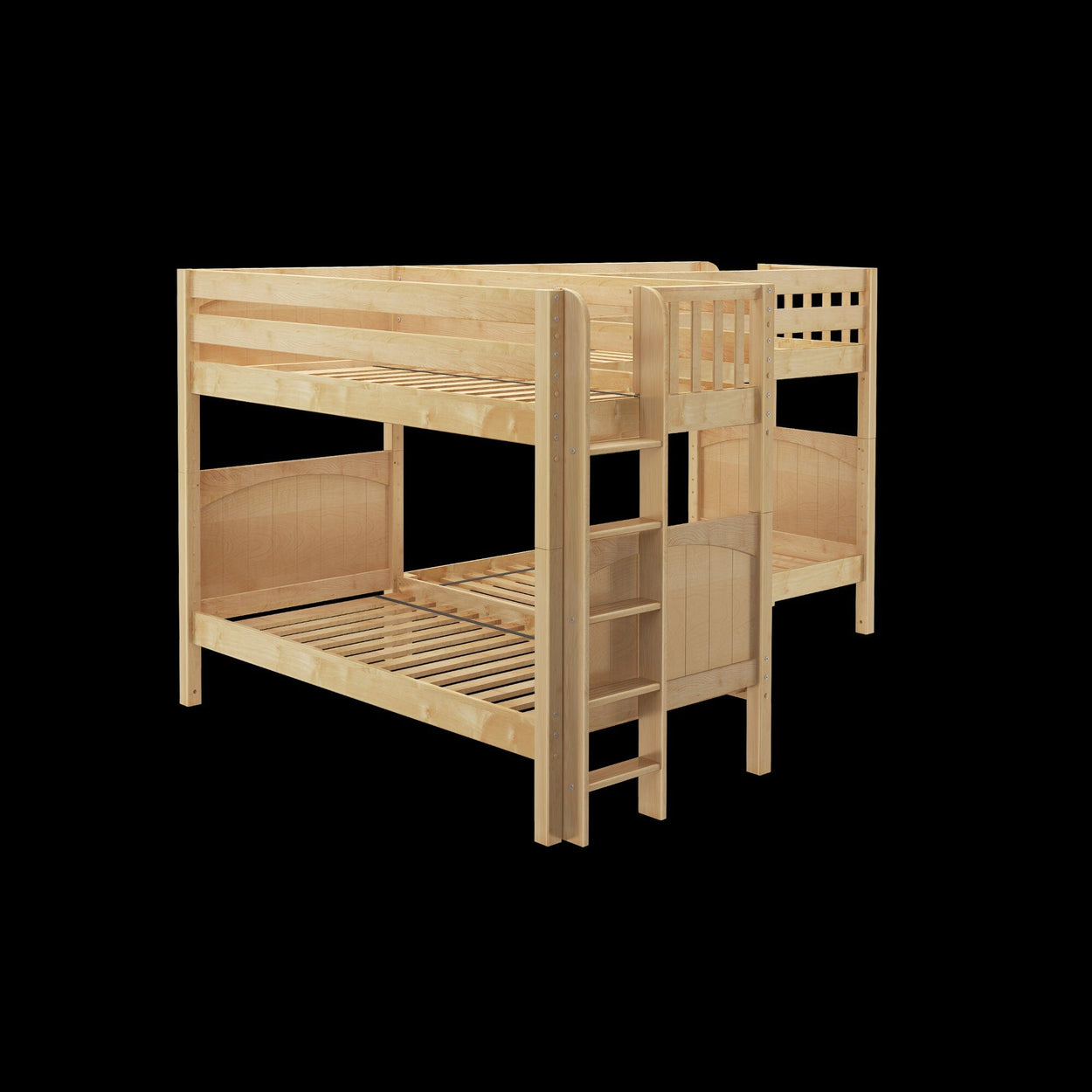 Wooden bunk bed with ladder on black background, ideal for small bedrooms and kids' rooms.