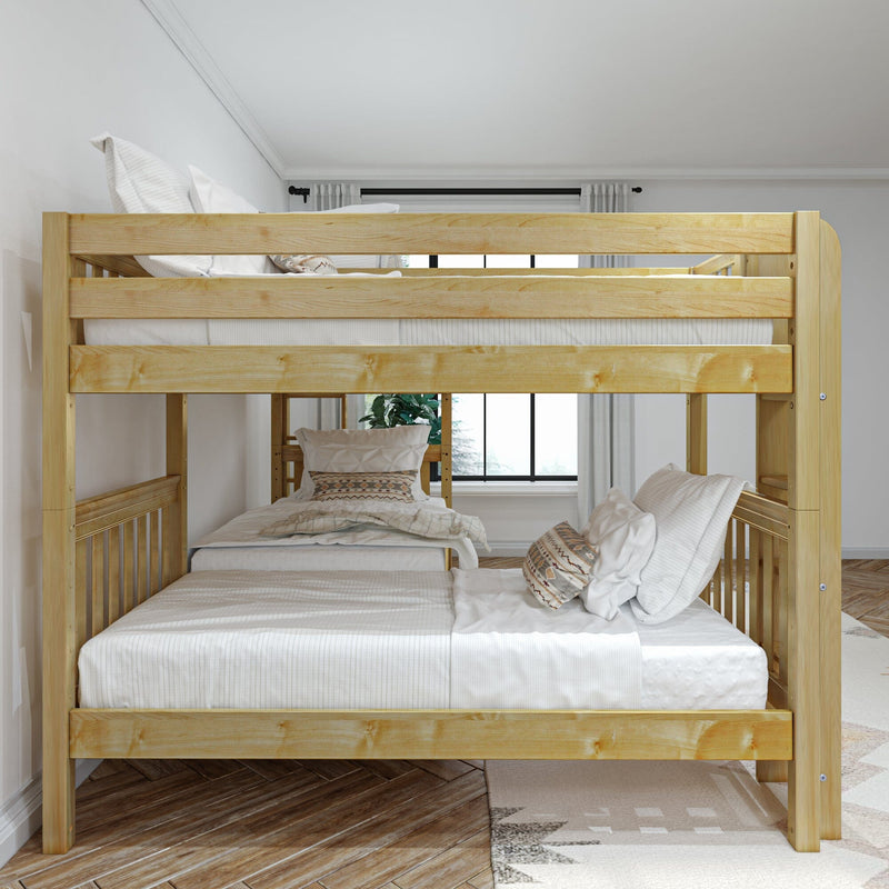 Solid natural pine twin-over-full bunk bed with white bedding and patterned pillows in a bright neutral bedroom — space-saving children's furniture