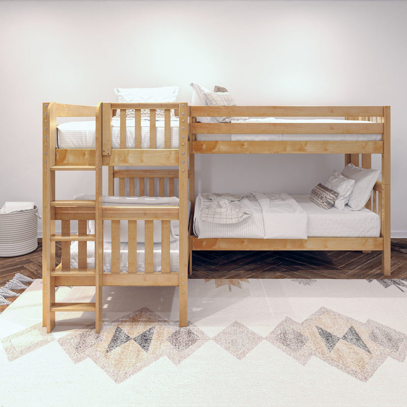 Natural pine twin-over-twin bunk bed with built-in ladder in a bright modern kids' bedroom, neutral bedding and patterned rug