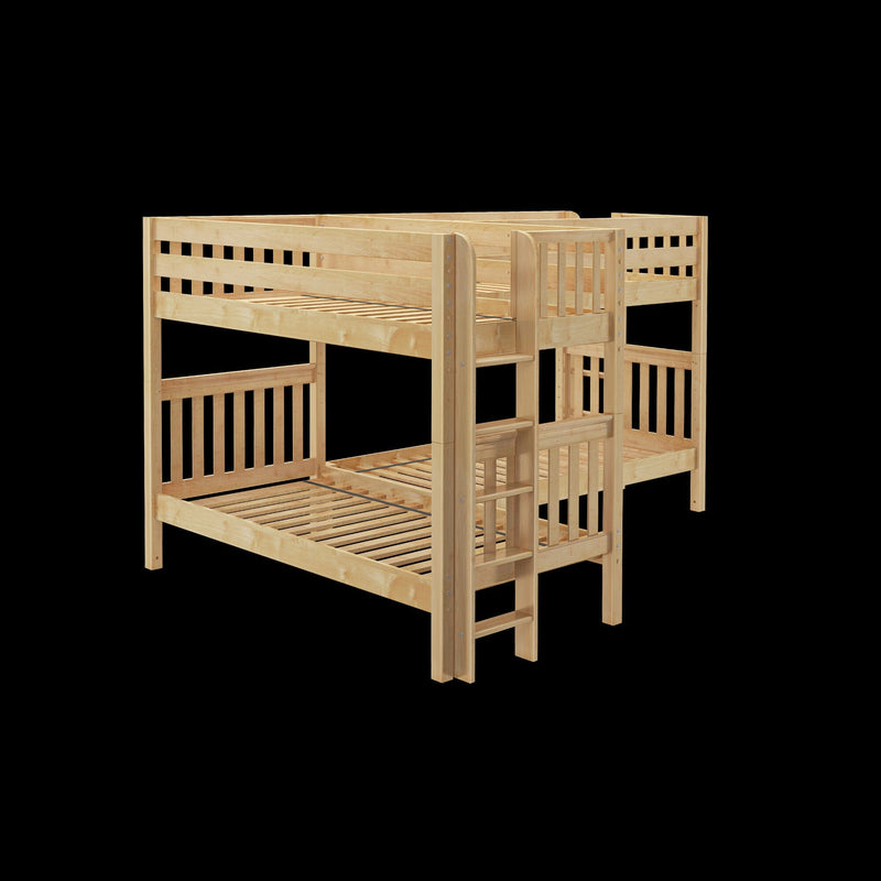 Wooden twin bunk bed in natural solid pine finish with ladder and slatted mattress supports, space-saving kids bedroom furniture
