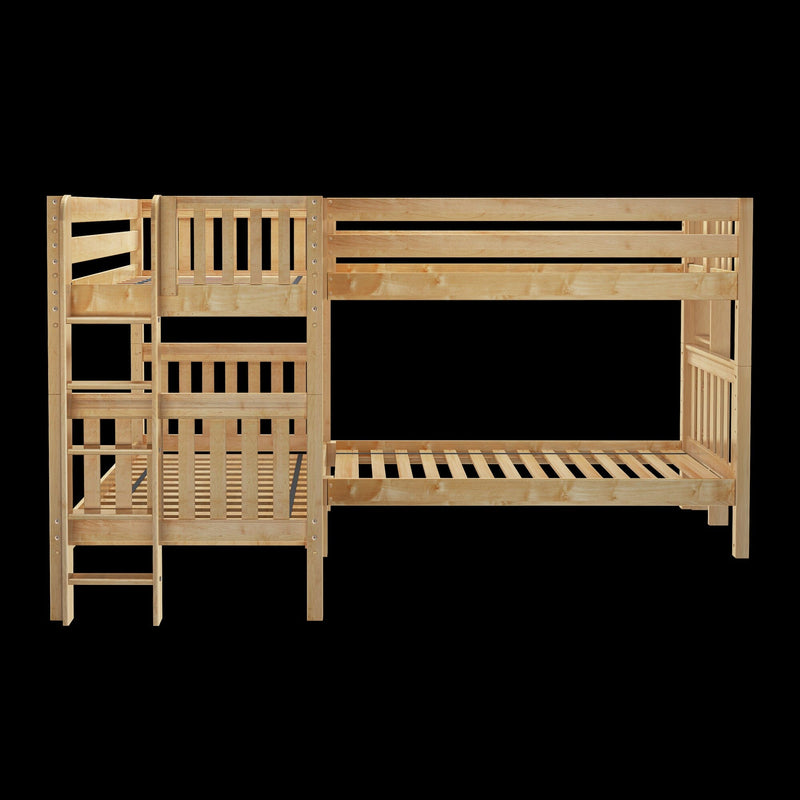 Natural pine wooden twin-over-twin bunk bed with integrated ladder, slatted guardrails and sturdy slatted frame ideal for kids' bedroom