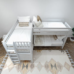 Stylish L-shaped white wooden bunk bed with cozy bedding in modern bedroom.