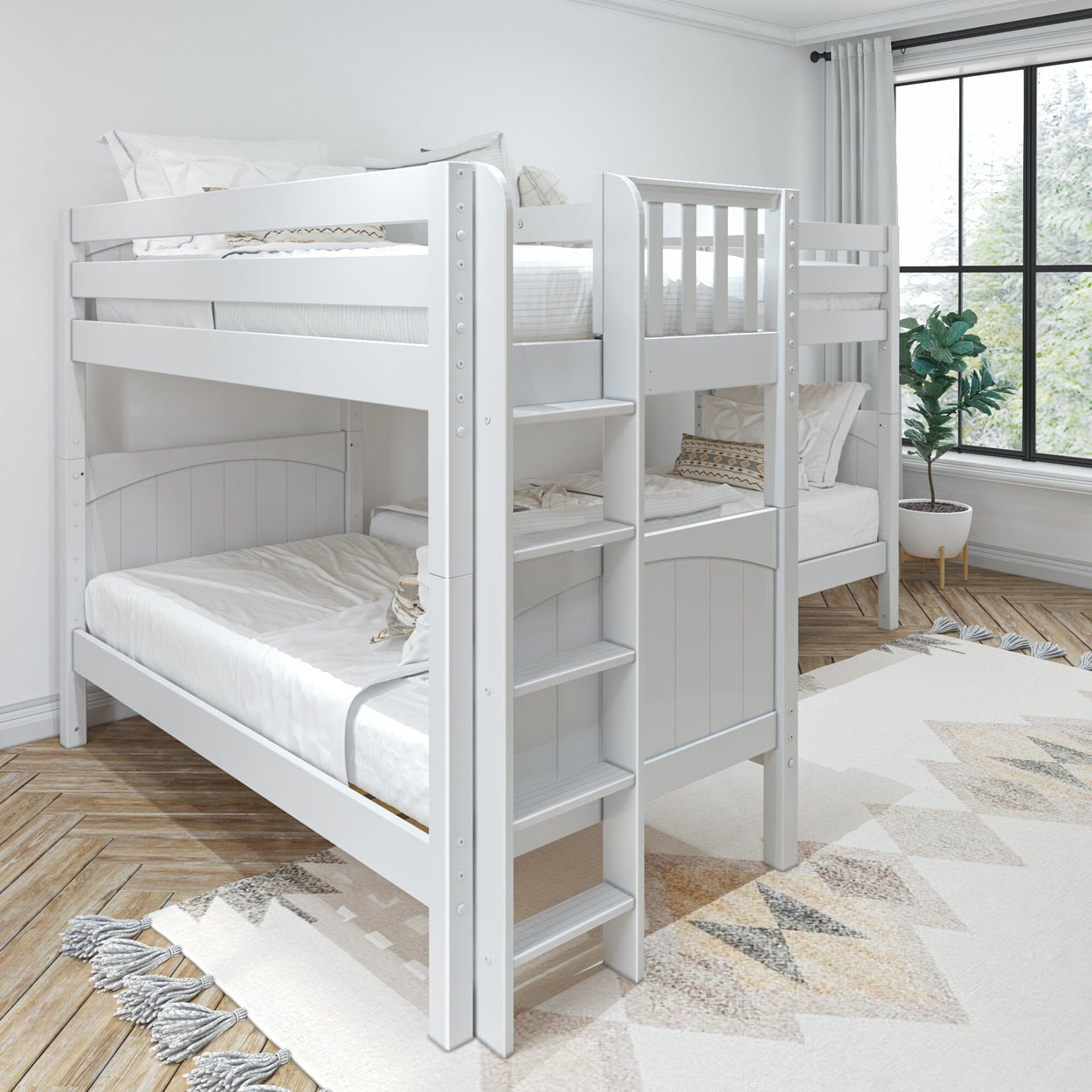 White wooden bunk bed with ladder in a modern, minimalist bedroom featuring natural light and decorative plant.