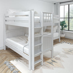 White wooden bunk bed with ladder in a modern, minimalist bedroom featuring natural light and decorative plant.